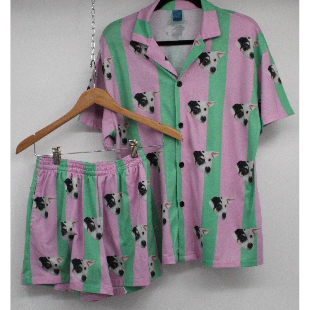 Jack Russell Terrier Dog Face Pajama Set Pink Green Striped  Shirt Shorts Small